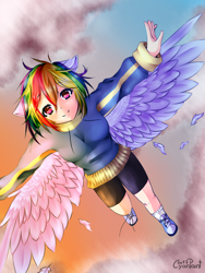 Size: 1200x1600 | Tagged: safe, artist:wolfchen999, character:rainbow dash, species:human, anime style, clothing, cloud, converse, eared humanization, female, humanized, looking at you, multicolored hair, shoes, shorts, sky, smiling, socks, solo, winged humanization, wings