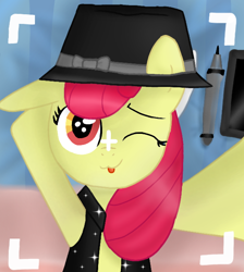 Size: 594x663 | Tagged: safe, artist:dsfranch, character:apple bloom, species:pony, beat it, camera shot, clothing, female, hat, one eye closed, selfie, solo, sparkles, vest, wink