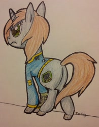 Size: 2064x2648 | Tagged: safe, artist:twitchy-tremor, oc, oc only, oc:littlepip, species:pony, species:unicorn, fallout equestria, clothing, fanfic, fanfic art, female, mare, pipbuck, simple background, solo, stable 2, stable-tec, traditional art, vault suit