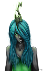 Size: 590x900 | Tagged: safe, artist:missmaeko, character:queen chrysalis, species:human, breasts, bust, female, hair over one eye, horned humanization, humanized, looking at you, pony coloring, simple background, solo, white background