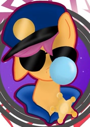 Size: 499x699 | Tagged: safe, artist:dsfranch, character:scootaloo, species:pony, bubblegum, bust, clothing, female, food, gum, hat, police uniform, portrait, sheriff's badge, solo, sunglasses
