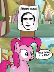 Size: 900x1200 | Tagged: safe, artist:linlaifeng, character:pinkie pie, species:earth pony, species:human, species:pony, comic, dialogue, ever dream this man, female, mare, ponyville, speech bubble, this man