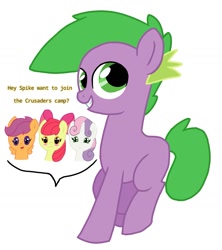 Size: 1251x1410 | Tagged: safe, artist:dsfranch, character:apple bloom, character:scootaloo, character:spike, character:sweetie belle, species:pony, ship:spikebloom, chibi, cutie mark crusaders, dialogue, female, implied shipping, implied spikebloom, male, ponified, ponified spike, shipping, simple background, species swap, straight, white background