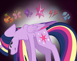 Size: 1003x797 | Tagged: safe, artist:dsfranch, artist:immortaltanuki, character:twilight sparkle, character:twilight sparkle (alicorn), species:alicorn, species:pony, colored wings, crying, dark background, element of generosity, element of honesty, element of kindness, element of laughter, element of loyalty, element of magic, elements of harmony, female, immortality, immortality blues, mare, multicolored wings, rainbow power, solo, twilight will outlive her friends
