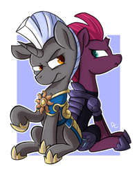 Size: 1067x1328 | Tagged: safe, artist:deadlycomics, character:tempest shadow, oc, oc:scope, species:pony, species:unicorn, my little pony: the movie (2017), armor, broken horn, royal guard armor, scowl, simple background