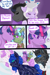 Size: 1024x1536 | Tagged: safe, artist:jeyjeymohr, character:clover the clever, character:king sombra, character:twilight sparkle, character:twilight sparkle (alicorn), species:alicorn, species:pony, species:unicorn, comic:crownless, comic, crystal, dialogue, exclamation point, hug, princess platinum, sculpture, traditional art