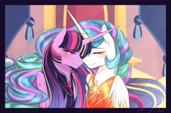 Size: 8470x5594 | Tagged: safe, artist:yumeyuuheii, character:princess celestia, character:twilight sparkle, character:twilight sparkle (alicorn), species:alicorn, species:pony, ship:twilestia, absurd resolution, clothing, dress, female, horn ring, lesbian, looking at each other, mare, shipping, smiling