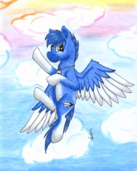 Size: 2440x3057 | Tagged: safe, artist:saxpony, oc, oc only, species:pegasus, species:pony, cloud, flying, male, stallion, traditional art