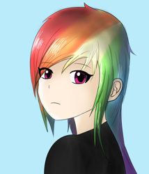 Size: 1200x1400 | Tagged: safe, artist:linlaifeng, character:rainbow dash, species:human, clothing, female, humanized, looking at you, multicolored hair, simple background, solo