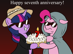 Size: 960x720 | Tagged: safe, artist:artattax, character:pinkie pie, character:twilight sparkle, cake, candle, clothing, dross, food, happy birthday mlp:fim, hat, mlp fim's seventh anniversary, sunglasses