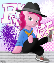 Size: 1200x1400 | Tagged: safe, artist:linlaifeng, character:pinkie pie, species:earth pony, species:pony, female, grin, mare, rapper pie, shoes, sitting, smiling, sneakers, solo