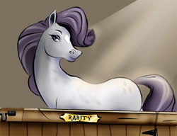 Size: 873x672 | Tagged: safe, artist:ltrm35a2, character:rarity, crepuscular rays, female, horse, solo, species swap, stable