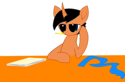 Size: 1024x673 | Tagged: safe, artist:prism note, oc, oc only, oc:prism note, species:pony, species:unicorn, clothing, paper, pencil, scarf, simple background, solo, thoughts, transparent background