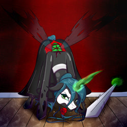 Size: 1024x1024 | Tagged: safe, artist:jessicanyuchi, artist:syncbanned, character:queen chrysalis, species:changeling, clothing, collaboration, costume, female, flower, halloween, halloween costume, holiday, magic, mask, nightmare night, nightmare night costume, phantom of the opera, rose, solo, sword, weapon, wooden floor
