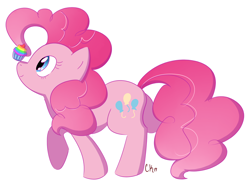 Size: 1280x981 | Tagged: safe, artist:dippin-dott, character:pinkie pie, species:earth pony, species:pony, cupcake, female, food, mare, rainbow cupcake, raised hoof, simple background, solo, white background