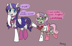 Size: 3600x2297 | Tagged: safe, artist:lamentedmusings, character:rarity, character:sweetie belle, species:pony, species:unicorn, clothing, cosplay, costume, cute, diasweetes, female, halloween, holiday, mare, raribetes, ripped stockings, sailor chibi moon, sailor moon, sailor scout, sailor suit, scar, sisters, torn clothes, zombie