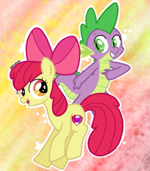 Size: 949x1083 | Tagged: safe, artist:dsfranch, character:apple bloom, character:spike, species:dragon, species:earth pony, species:pony, ship:spikebloom, bow, duo, female, filly, hair bow, male, pointing, shipping, straight