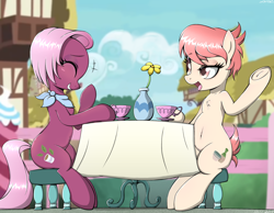 Size: 2272x1765 | Tagged: safe, artist:yorozpony, character:jasmine leaf, character:raspberry vinaigrette, species:earth pony, species:pony, episode:discordant harmony, g4, my little pony: friendship is magic, blushing, cafe, cafeteria, chair, chest fluff, clothing, cloud, duo, duo female, eyes closed, female, flower, flower pot, giggling, hoof in air, hoof over mouth, human shoulders, humanoid torso, mare, open mouth, ponyville, scarf, sitting, sky, table, table cloth, talking, underhoof