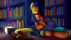 Size: 8800x5000 | Tagged: safe, artist:einboph, oc, oc only, species:earth pony, species:pony, absurd resolution, abuse, bodyscissors, chokehold, choking, clothing, domination, female, femdom, grabbing, headlock, library, male, mare, royal guard, sleeper hold, socks, sports, stallion, stockings, submission hold, thigh highs, wrestling