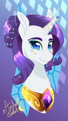 Size: 657x1168 | Tagged: safe, artist:djspark3, character:rarity, species:pony, species:unicorn, bust, curved horn, cute, cutie mark background, element of generosity, eyeshadow, female, hair bun, horn jewelry, jewelry, makeup, mare, peytral, portrait, raribetes, signature, smiling, solo