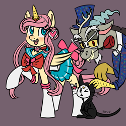 Size: 2880x2880 | Tagged: safe, artist:lamentedmusings, character:angel bunny, character:discord, character:fluttershy, species:draconequus, species:pegasus, species:pony, species:rabbit, ship:discoshy, boots, clothing, cosplay, costume, fake horn, female, flower, flower in mouth, gray background, luna (sailor moon), male, mare, mouth hold, otakushy, raised hoof, rose, rose in mouth, sailor moon, sailor uniform, shipping, shoes, simple background, skirt, straight, trio, tuxedo mask