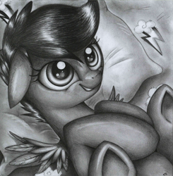 Size: 2269x2319 | Tagged: safe, artist:yellowrobin, character:scootaloo, species:pony, bed, female, pillow, solo, traditional art