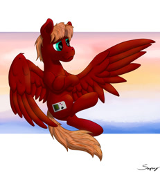 Size: 1846x2000 | Tagged: safe, artist:saxpony, oc, oc only, oc:score chaser, species:pegasus, species:pony, flying, male, relaxed, stallion, sunset