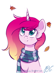 Size: 900x1227 | Tagged: safe, artist:creamy_roux, oc, oc only, species:pony, autumn, clothing, leaves, scarf, solo