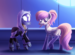Size: 1024x755 | Tagged: safe, artist:creamy_roux, oc, species:pony, clothing, crossover, duo, glowing eyes, helmet, mass effect, no tail, open mouth, plot, smiling, socks, space suit, tali'zorah vas normandy, window
