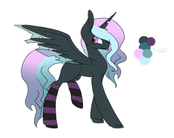 Size: 1024x817 | Tagged: safe, artist:cyrinthia, oc, oc only, oc:chrysselia, parent:princess celestia, parent:queen chrysalis, parents:chryslestia, species:changepony, species:pony, clothing, female, magical lesbian spawn, mare, offspring, reference sheet, simple background, socks, solo, striped socks, tongue out, transparent background