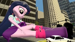 Size: 1500x843 | Tagged: safe, artist:jeroen01, character:apple bloom, character:applejack, character:rarity, character:twilight sparkle, character:twilight sparkle (alicorn), my little pony:equestria girls, 3d, attack on twi-tan, car, city, clothing, cowboy hat, giantess, leg warmers, macro, mega twilight sparkle, megalight sparkle, requested art, shoes, skirt, skirt lift, source filmmaker, stetson