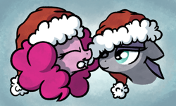 Size: 900x540 | Tagged: safe, artist:masserey, character:maud pie, character:pinkie pie, species:earth pony, species:pony, bust, christmas, clothing, cute, diapinkes, duo, eyes closed, eyeshadow, female, hat, holiday, makeup, mare, maudabetes, mouth hold, one eye closed, portrait, profile, santa hat, siblings, sisters, smiling