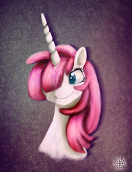 Size: 2233x2916 | Tagged: safe, artist:grayworldcorporation, oc, oc:fausticorn, species:alicorn, species:pony, blurry, bust, female, mare, ponified, portrait, sample, smiling, solo