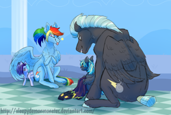Size: 1024x691 | Tagged: safe, artist:sleepydemonmonster, character:rainbow dash, character:thunderlane, parent:rainbow dash, parent:thunderlane, parents:thunderdash, species:pegasus, species:pony, clothing, costume, female, male, next generation, offspring, shadowbolts costume, shipping, story included, straight, thunderdash