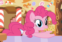 Size: 485x332 | Tagged: safe, artist:twitchy-tremor, character:pinkie pie, animation error, female, food, muffin, solo, sugarcube corner