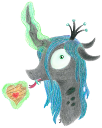 Size: 1245x1560 | Tagged: safe, artist:pony-from-everfree, character:queen chrysalis, species:changeling, bust, candy, crown, female, food, horn, jewelry, levitation, magic, regalia, shrunken pupils, simple background, solo, sweets, telekinesis, tongue out, traditional art, white background
