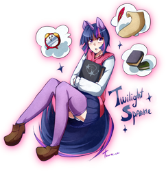 Size: 900x931 | Tagged: dead source, safe, artist:tomoe-chi, character:twilight sparkle, book, clock, clothing, eared humanization, female, horned humanization, humanized, panties, quill, skirt, solo, stars, tailed humanization, underwear, upskirt