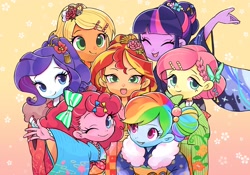 Size: 2000x1402 | Tagged: safe, artist:ikirunosindo, character:applejack, character:fluttershy, character:pinkie pie, character:rainbow dash, character:rarity, character:sunset shimmer, character:twilight sparkle, character:twilight sparkle (scitwi), species:eqg human, species:human, my little pony:equestria girls, alternate hairstyle, bun, clothing, cute, dashabetes, diapinkes, eyes closed, happy, humane five, humane seven, humane six, jackabetes, kimono (clothing), looking at you, mane six, one eye closed, open mouth, raribetes, shimmerbetes, shyabetes, smiling, twiabetes, wink