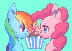 Size: 1764x1259 | Tagged: safe, artist:ikirunosindo, character:pinkie pie, character:rainbow dash, species:pony, ship:pinkiedash, blep, bust, chest fluff, cupcake, cute, dashabetes, diapinkes, ear fluff, female, food, lesbian, looking at each other, mare, shipping, silly, simple background, smiling, tongue out