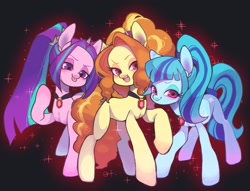 Size: 1959x1500 | Tagged: safe, artist:ikirunosindo, character:adagio dazzle, character:aria blaze, character:sonata dusk, species:pony, blank flank, female, looking at you, mare, open mouth, ponified, raised hoof, smiling, the dazzlings, tongue out, trio