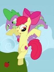 Size: 1150x1534 | Tagged: safe, artist:dsfranch, character:apple bloom, character:spike, species:pony, ship:spikebloom, episode:molt down, g4, my little pony: friendship is magic, cutie mark, female, filly, flying, holding a pony, male, shipping, sky, straight, the cmc's cutie marks, winged spike