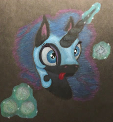 Size: 3024x3267 | Tagged: safe, artist:pony-from-everfree, character:nightmare moon, character:princess luna, species:pony, advent calendar, armor, black background, blep, bust, cute, derp, ear fluff, ethereal mane, female, glowing horn, horn, levitation, magic, mare, mlem, moonabetes, nightmare luna, nightmare mlem, nightmare moon moon, silly, simple background, smiling, snow, snowball, solo, telekinesis, tongue out, traditional art