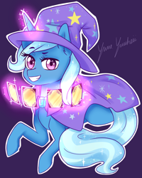 Size: 3200x4000 | Tagged: safe, artist:yumeyuuheii, character:trixie, species:pony, species:unicorn, cape, card, clothing, female, hat, looking at you, magic, mare, purple background, simple background, trixie's cape, trixie's hat