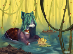 Size: 4015x2952 | Tagged: safe, artist:domidelance, oc, oc only, species:earth pony, species:pony, bell, bell collar, clothing, collar, dress, eyes closed, flower, freckles, lotus (flower), pond, solo, vine, water, wet hair