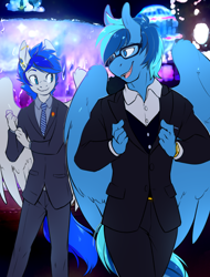 Size: 1600x2100 | Tagged: source needed, safe, artist:spazzykoneko, oc, oc only, oc:turquoise, oc:umami stale, species:anthro, species:pegasus, species:plantigrade anthro, species:pony, blurred background, clothing, ear piercing, fangs, formal wear, gauges, glasses, lapel pin, necktie, piercing, suit, tuxedo, watch