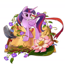 Size: 1400x1407 | Tagged: safe, artist:seanica, character:twilight sparkle, character:twilight sparkle (alicorn), species:alicorn, species:pony, book, female, flower, mare, quill, simple background, solo, white background