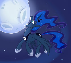 Size: 905x800 | Tagged: safe, artist:seanica, character:princess luna, species:alicorn, species:pony, biting, edible heavenly object, female, flying, jewelry, majestic as fuck, mare, moon, mouth hold, night, nom, open mouth, regalia, sky, solo, space, spread wings, tangible heavenly object, wat, wide eyes, wings