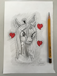 Size: 950x1265 | Tagged: safe, artist:stink111, character:queen chrysalis, species:changeling, bust, female, heart, monochrome, neo noir, partial color, portrait, solo, traditional art