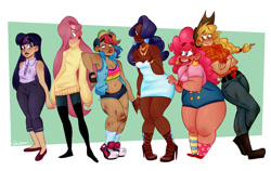 Size: 1280x809 | Tagged: safe, artist:mcnuggyy, character:applejack, character:fluttershy, character:pinkie pie, character:rainbow dash, character:rarity, character:twilight sparkle, species:human, ship:omniship, armpits, bandage, boots, chubby, clothing, converse, cowboy hat, dark skin, diverse body types, diversity, ear piercing, earring, eyeshadow, feet, female, flats, hairy legs, hat, high heels, humanized, jeans, jewelry, leg hair, lesbian, makeup, mane six, pants, piercing, polyamory, shipping, shoes, skinny, socks, stetson, stockings, striped socks, sweater, sweatershy, thick, thigh highs
