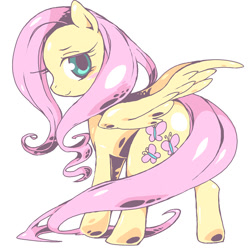 Size: 750x750 | Tagged: safe, artist:moyamoya kuroi, character:fluttershy, species:pegasus, species:pony, blushing, cute, female, looking back, mare, pixiv, shyabetes, simple background, smiling, solo, white background